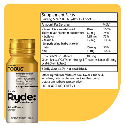 Ryde: Focus Shot | Orange Flavor | L-Theanine & Ginseng | Green Tea Caffeine | Vitamins B2 & B7 | 0 Calories, 0 Sugar | 2 FL OZ Shots | Supports Focus* (8 Pack) - Maple Wellness Supplements
