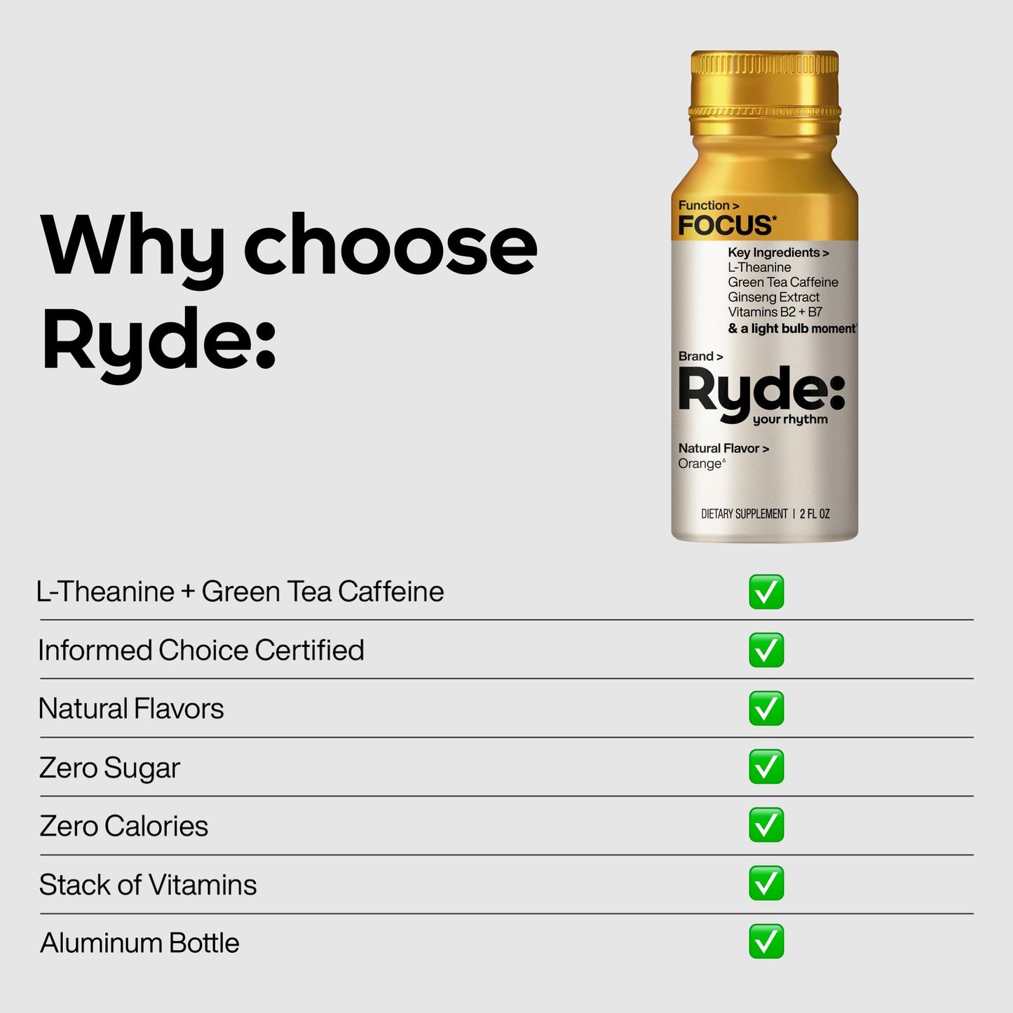 Ryde: Focus Shot | Orange Flavor | L-Theanine & Ginseng | Green Tea Caffeine | Vitamins B2 & B7 | 0 Calories, 0 Sugar | 2 FL OZ Shots | Supports Focus* (8 Pack) - Maple Wellness Supplements
