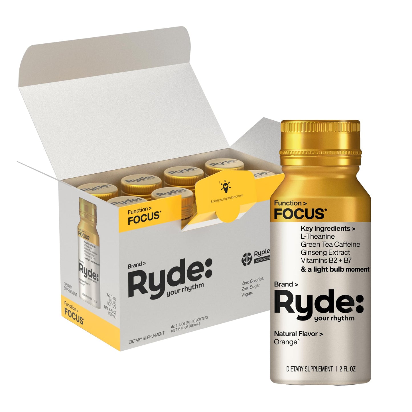 Ryde: Focus Shot | Orange Flavor | L-Theanine & Ginseng | Green Tea Caffeine | Vitamins B2 & B7 | 0 Calories, 0 Sugar | 2 FL OZ Shots | Supports Focus* (8 Pack) - Maple Wellness Supplements