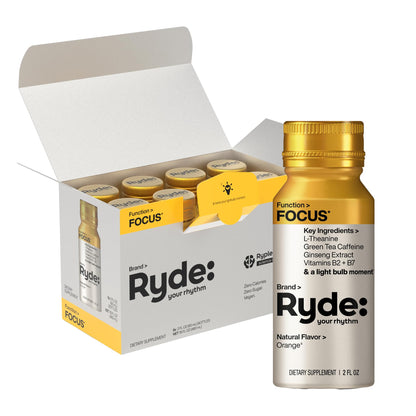 Ryde: Focus Shot | Orange Flavor | L-Theanine & Ginseng | Green Tea Caffeine | Vitamins B2 & B7 | 0 Calories, 0 Sugar | 2 FL OZ Shots | Supports Focus* (8 Pack) - Maple Wellness Supplements
