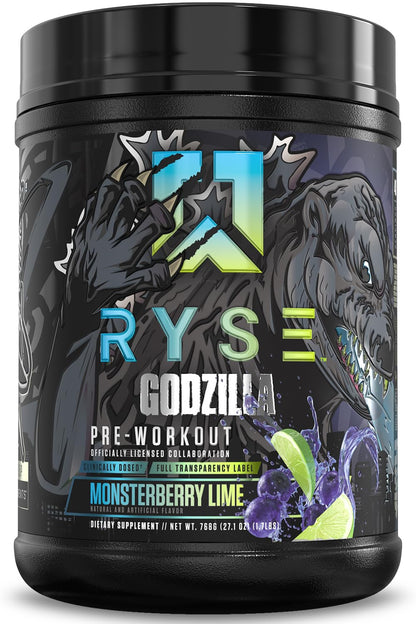 RYSE Godzilla X Noel Deyzel Pre Workout Powder - Monsterberry Lime - 400mg Caffeine, High Stim Pre-Workout for Men & Women with Citrulline & Beta Alanine - Energy, Pump & Focus - 20/40 Servings - Maple Wellness Supplements