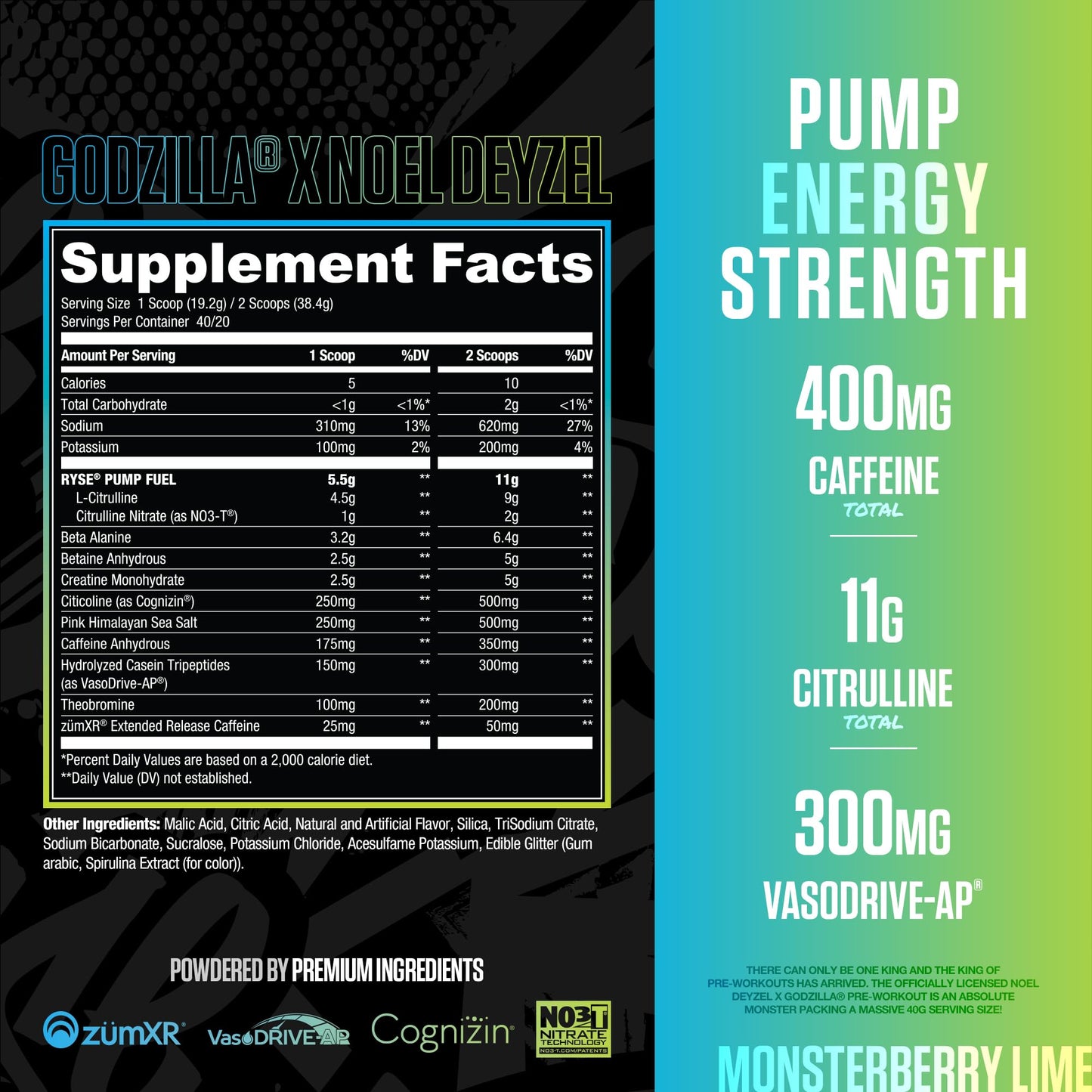 RYSE Godzilla X Noel Deyzel Pre Workout Powder - Monsterberry Lime - 400mg Caffeine, High Stim Pre-Workout for Men & Women with Citrulline & Beta Alanine - Energy, Pump & Focus - 20/40 Servings - Maple Wellness Supplements