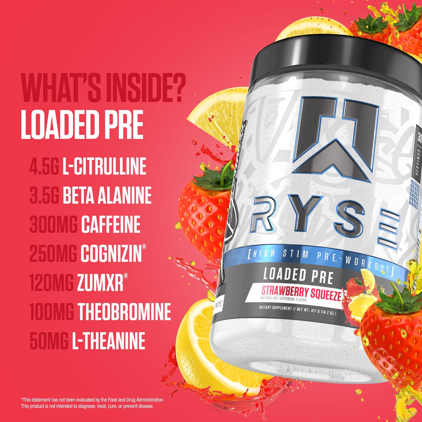 RYSE Loaded Pre Workout Powder - Strawberry Squeeze - Daily Pre-Workout for Men & Women with 390mg Caffeine, Beta Alanine, and Citrulline for Pump - Maple Wellness Supplements