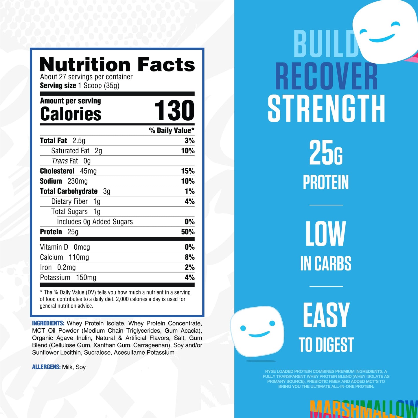 RYSE Loaded Protein Powder - Jet-Puffed Marshmallow - 25g Whey Protein Isolate & Concentrate with Prebiotic Fiber & MCTs - Low Carb, Low Sugar, Digestive-Friendly - 27 Servings / 2 lb Tub - Maple Wellness Supplements