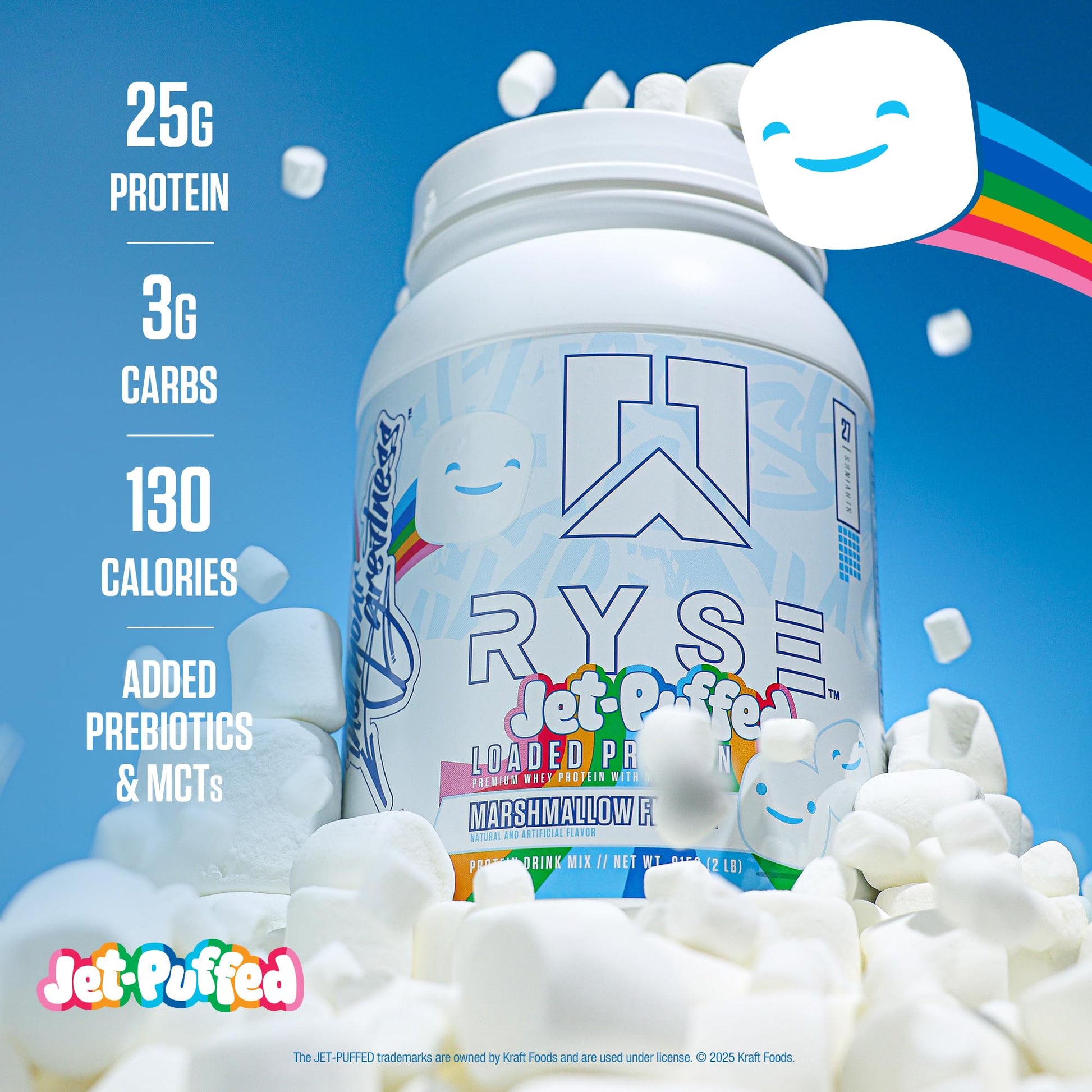 RYSE Loaded Protein Powder - Jet-Puffed Marshmallow - 25g Whey Protein Isolate & Concentrate with Prebiotic Fiber & MCTs - Low Carb, Low Sugar, Digestive-Friendly - 27 Servings / 2 lb Tub - Maple Wellness Supplements