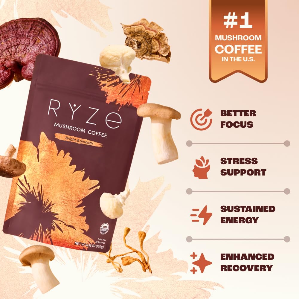 RYZE SUPERFOODS Mushroom Medium Roast Coffee USDA Organic with 6 Adaptogenic Mushrooms, USA Grown Instant Coffee for Better Energy - Maple Wellness Supplements