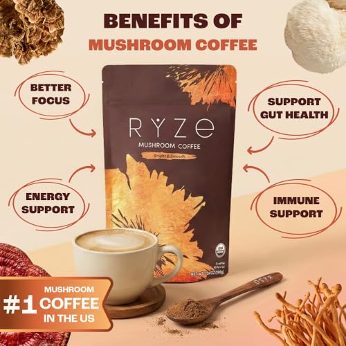 RYZE SUPERFOODS Mushroom Medium Roast Coffee USDA Organic with 6 Adaptogenic Mushrooms, USA Grown Instant Coffee for Better Energy - Maple Wellness Supplements