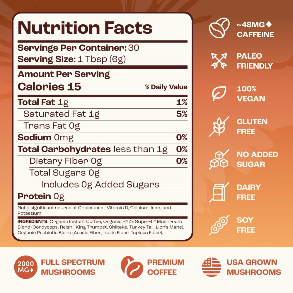 RYZE SUPERFOODS Mushroom Medium Roast Coffee USDA Organic with 6 Adaptogenic Mushrooms, USA Grown Instant Coffee for Better Energy - Maple Wellness Supplements