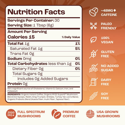 RYZE SUPERFOODS Mushroom Medium Roast Coffee USDA Organic with 6 Adaptogenic Mushrooms, USA Grown Instant Coffee for Better Energy - Maple Wellness Supplements