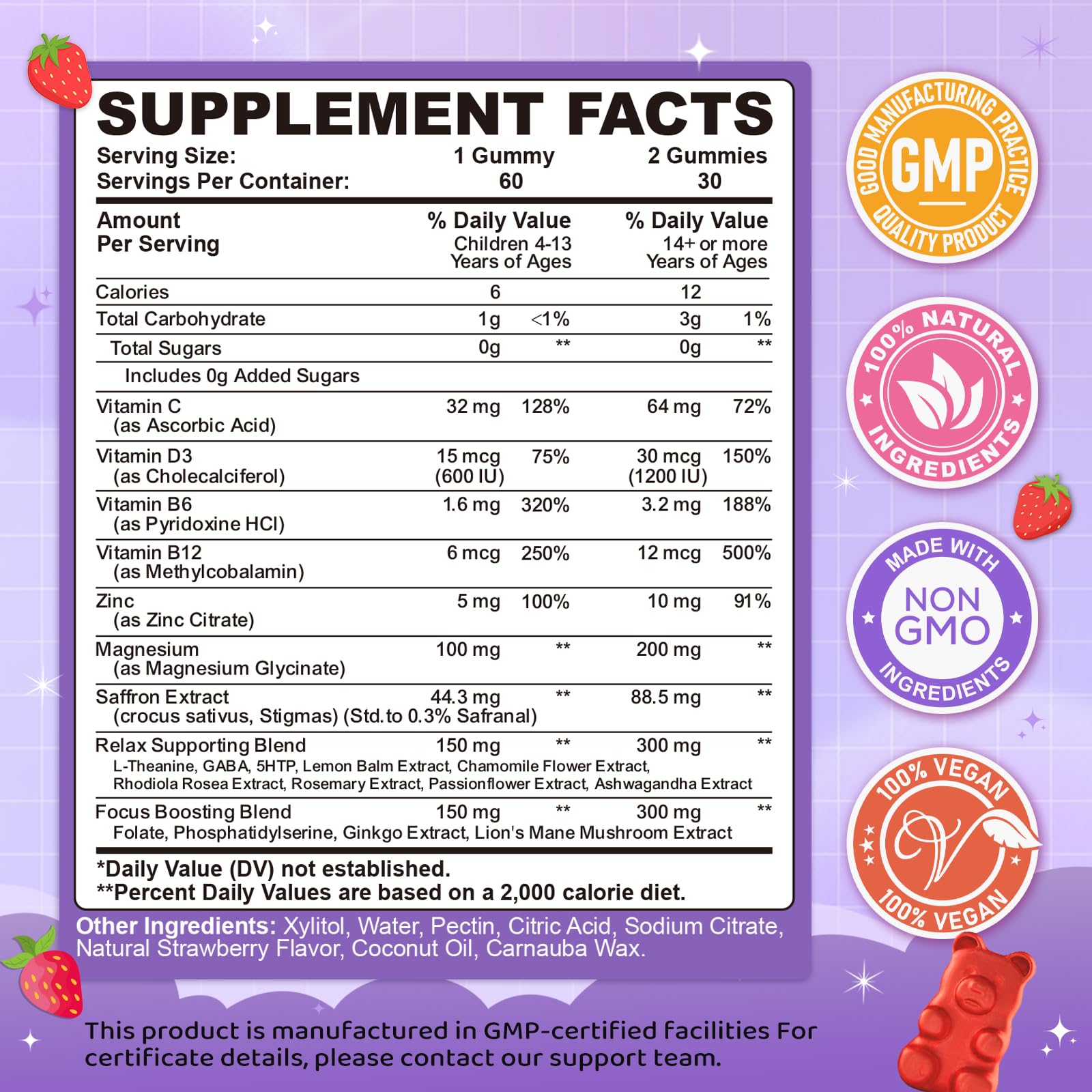 Saffron Gummies for Kids & Adults, 20-in-1 Saffron Supplements with 88.5mg Saffron Extract, B6, B12, C, D3, Magnesium for Calm, Focus, Nerve, Sugar Free, Vegan - Maple Wellness Supplements