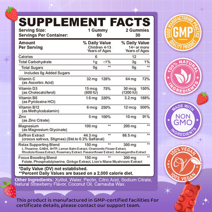 Saffron Gummies for Kids & Adults, 20-in-1 Saffron Supplements with 88.5mg Saffron Extract, B6, B12, C, D3, Magnesium for Calm, Focus, Nerve, Sugar Free, Vegan - Maple Wellness Supplements
