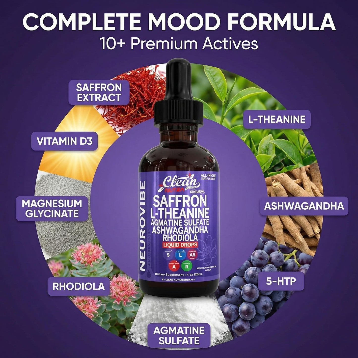 Saffron Supplements Liquid Drops L-Theanine Agmatine Sulfate Ashwagandha Magnesium Glycinate B6 Magnesium Stress Relief Mood Support 5-HTP GABA Supplement Vitamin D 4oz by Clean Nutra - Maple Wellness Supplements