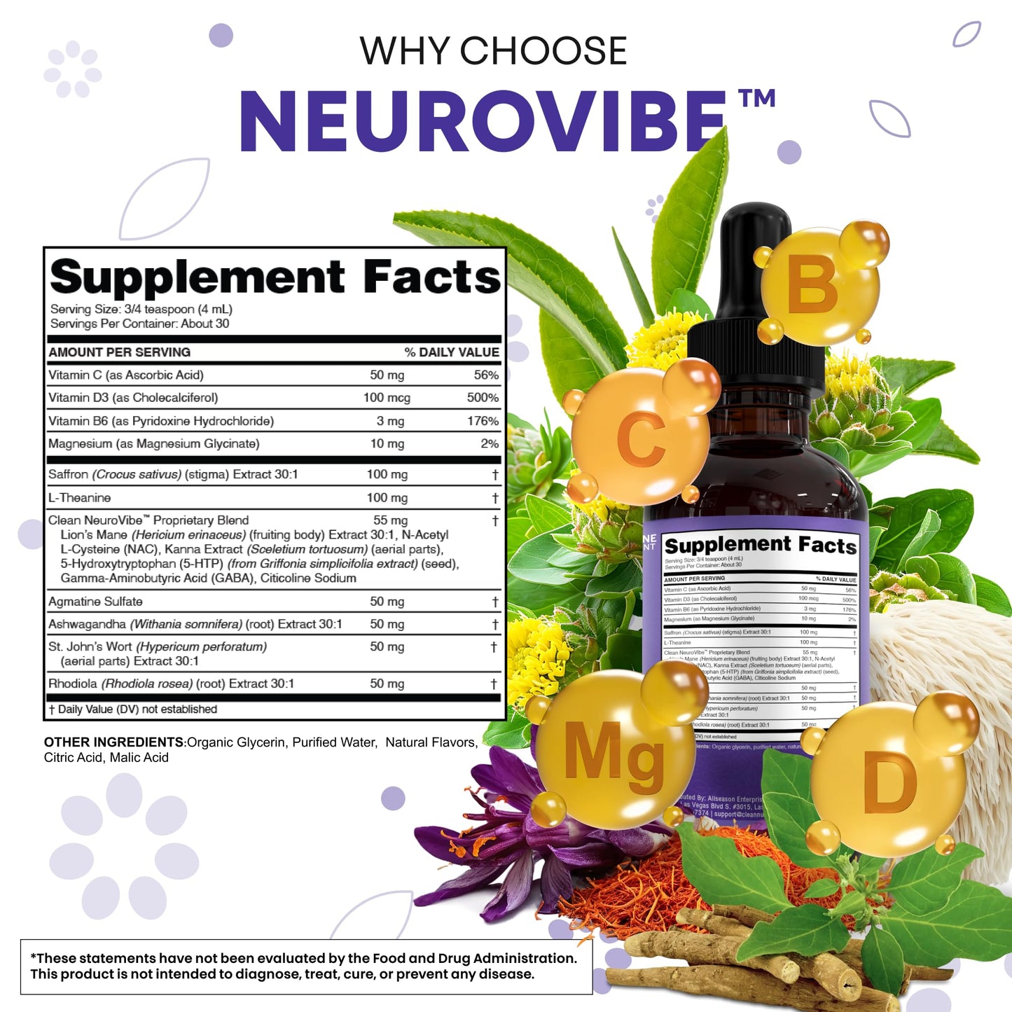 Saffron Supplements Liquid Drops L-Theanine Agmatine Sulfate Ashwagandha Magnesium Glycinate B6 Magnesium Stress Relief Mood Support 5-HTP GABA Supplement Vitamin D 4oz by Clean Nutra - Maple Wellness Supplements