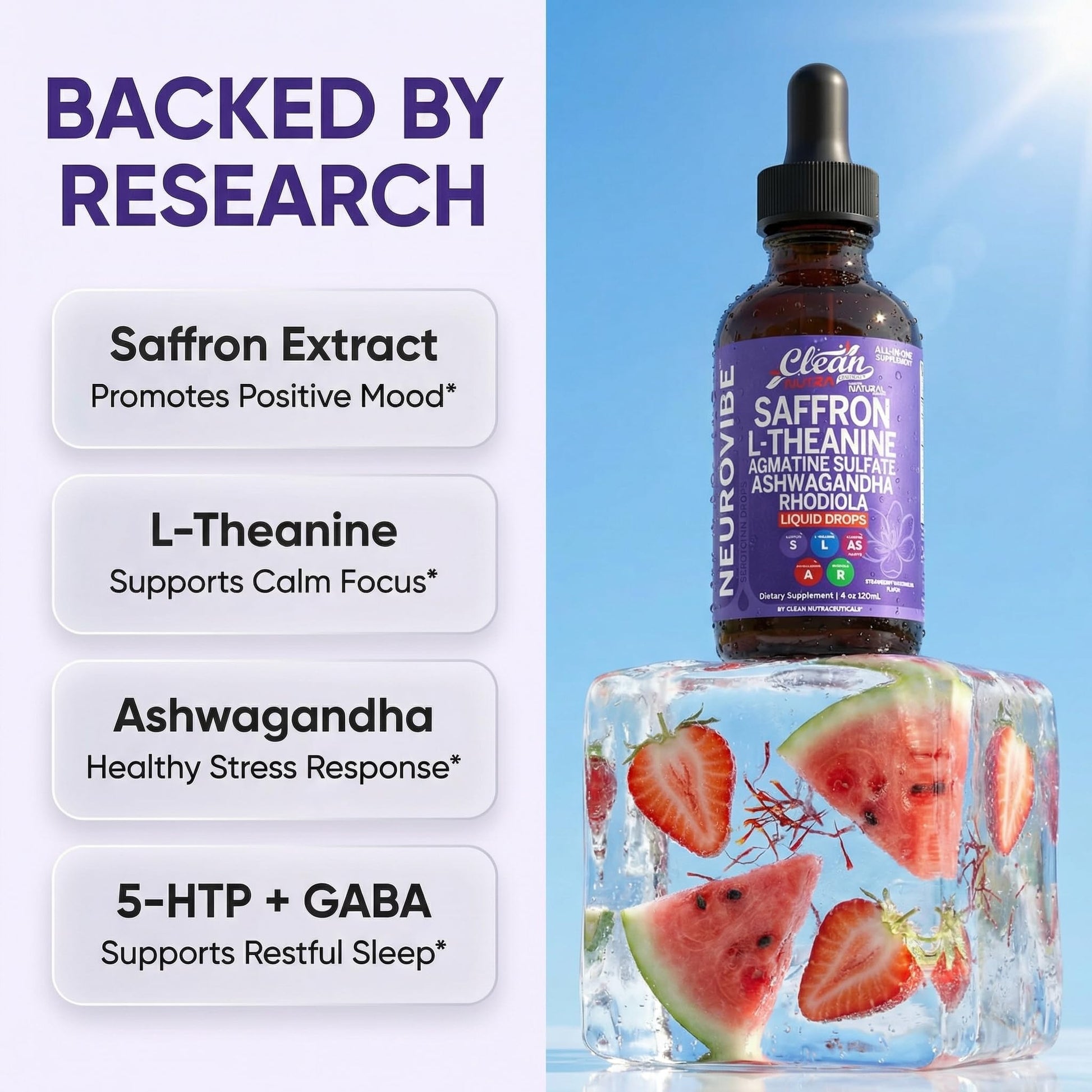 Saffron Supplements Liquid Drops L-Theanine Agmatine Sulfate Ashwagandha Magnesium Glycinate B6 Magnesium Stress Relief Mood Support 5-HTP GABA Supplement Vitamin D 4oz by Clean Nutra - Maple Wellness Supplements