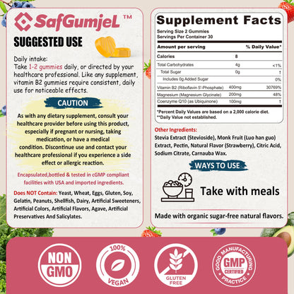 Safgumjel Vitamin B2 Gummies | Riboflavin 400mg with Magnesium & CoQ10 for Migraine Relief & Headache Relief | Sugar Free, Vegan, Strawberry Flavor, 60 Count - Maple Wellness Supplements