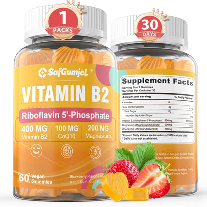 Safgumjel Vitamin B2 Gummies | Riboflavin 400mg with Magnesium & CoQ10 for Migraine Relief & Headache Relief | Sugar Free, Vegan, Strawberry Flavor, 60 Count - Maple Wellness Supplements