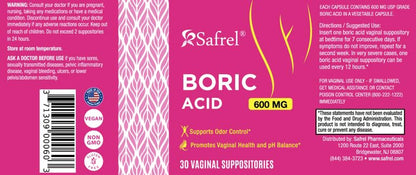 Safrel Boric Acid Vaginal Suppositories - 100% Pure Made in USA - Intimate Health Support, Vaginal Health and pH, Odor Control (30 Count) - Maple Wellness Supplements