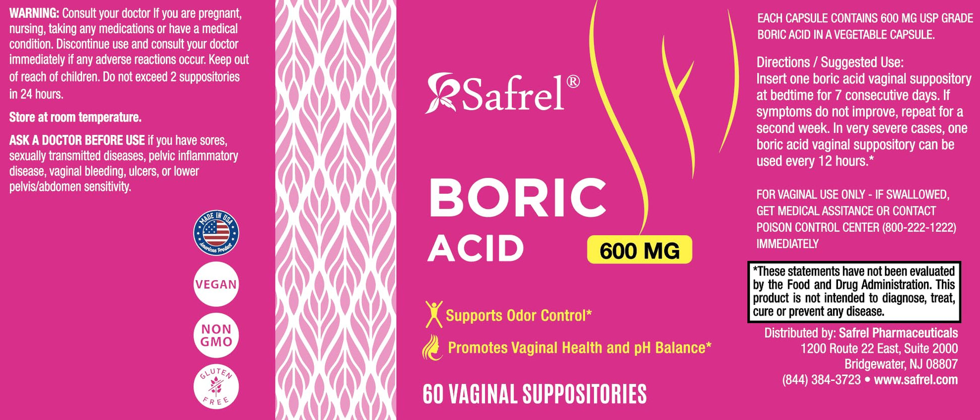 Safrel Boric Acid Vaginal Suppositories - 100% Pure Made in USA - Intimate Health Support, Vaginal Health and pH, Odor Control (60 Count) - Maple Wellness Supplements