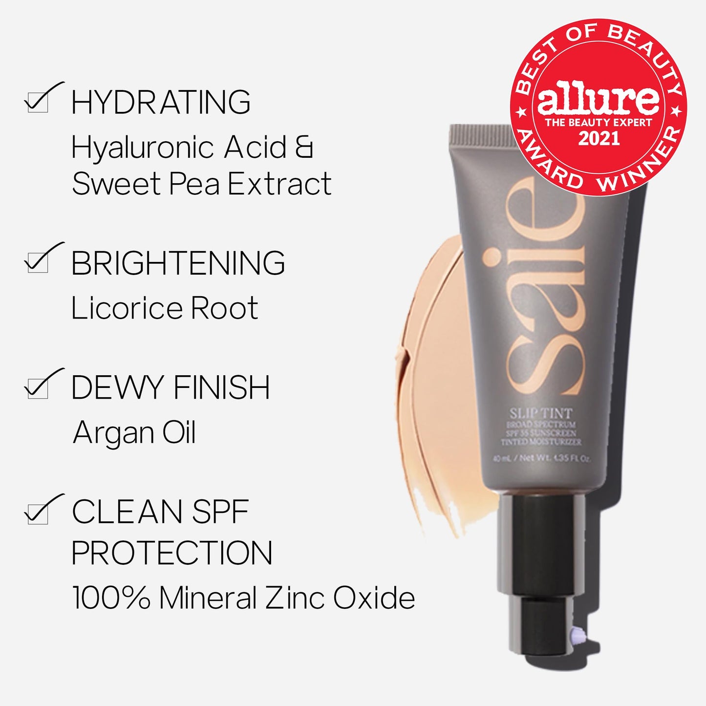 Saie Slip Tint Tinted Moisturizer with SPF 35 - Light Coverage, Glowy Skin Tint & Mineral Sunscreen for Face with Hydrating Hyaluronic Acid - Summer Makeup Essential - Shade Three + Half (1.35 oz) - Maple Wellness Supplements