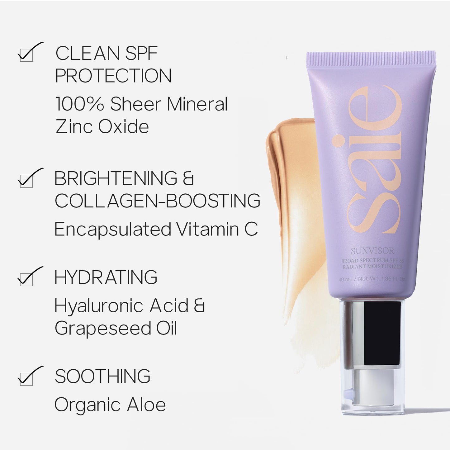 Saie Sunvisor Broad Spectrum Sunscreen Moisturizer SPF 35 - Hydrating Daily Face Sunscreen with 100% Sheer Mineral Zinc Oxide, Hyaluronic Acid + Vitamin C for Radiant, Dewy Skin (1.35 fl oz) - Maple Wellness Supplements