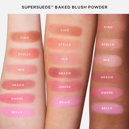 Saie SuperSuede Baked Blush - Talc-Free Powder Blush for Cheeks Infused with Hyaluronic Acid, Glycerin + Squalane - Hydrating Face Makeup for a Natural, Diffused Flush of Color - Ciao (0.1 Ounce) - Maple Wellness Supplements