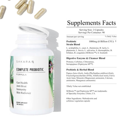 SAKARA Complete Probiotic - Prebiotics and Probiotics for Women Digestive Health Supplements, Supports Bloating, Immune System & Skin Radiance, Gut Health for Women with 3 Billion CFU's - 180 Capsules - Maple Wellness Supplements