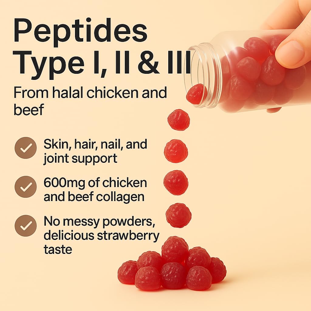 Sakoon nutrition Halal Certified Collagen Peptides Gummies | (Type I, II & III) Collagen Gummies for Women & Men | 90 Naturally Flavoured Strawberry Gummy to Support Hair, Skin, Joints & Nails | USA - Maple Wellness Supplements