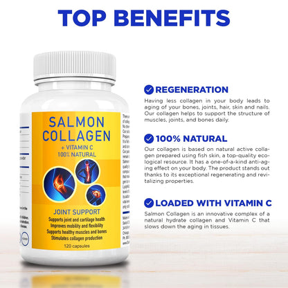 Salcoll Premium Marine Collagen Capsules, 120 Count, Fish Collagen Supplement for Joint Support, Skin, Hair & Nails - Maple Wellness Supplements