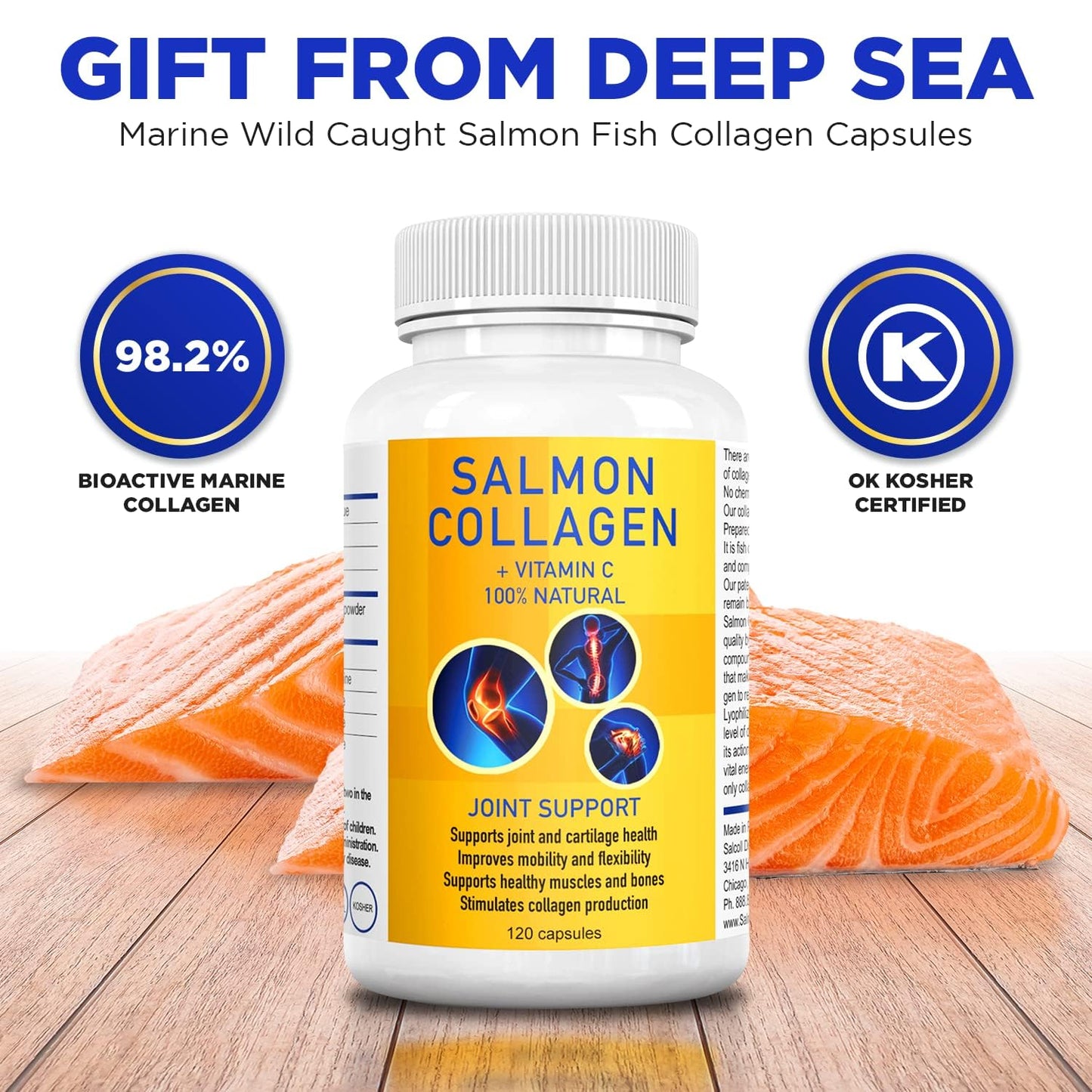 Salcoll Premium Marine Collagen Capsules, 120 Count, Fish Collagen Supplement for Joint Support, Skin, Hair & Nails - Maple Wellness Supplements