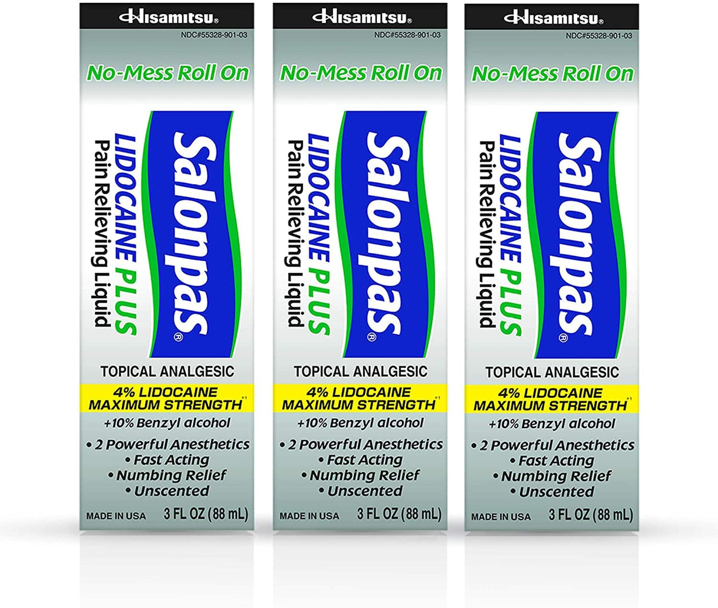 Salonpas LIDOCAINE Plus 3 oz ROLL ON Pain Relieving Liquid! Maximum Strength 4% Lidocaine for Numbing Pain Relief! Mess Free Application! (3 Pack) - Maple Wellness Supplements