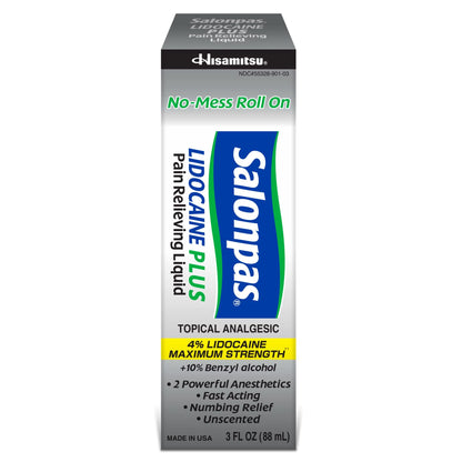 Salonpas LIDOCAINE Plus 3 oz ROLL ON Pain Relieving Liquid! Maximum Strength 4% Lidocaine for Numbing Pain Relief! Mess Free Application! (3 Pack) - Maple Wellness Supplements
