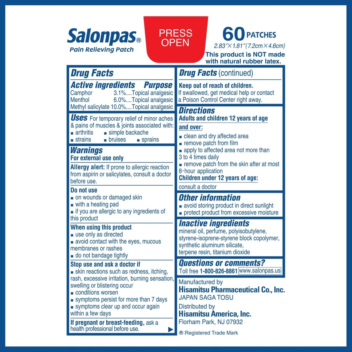 Salonpas Pain Relieving Patch for Back, Neck, Shoulder, Knee Pain and Muscle Soreness - 8 Hour Pain Relief - 60 Count - Maple Wellness Supplements
