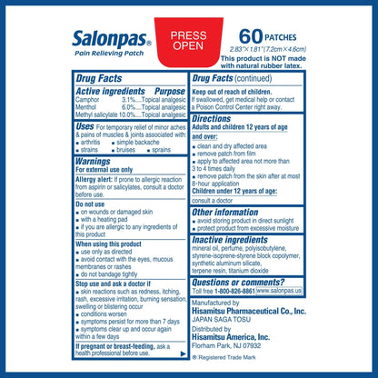 Salonpas Pain Relieving Patch for Back, Neck, Shoulder, Knee Pain and Muscle Soreness - 8 Hour Pain Relief - 60 Count - Maple Wellness Supplements