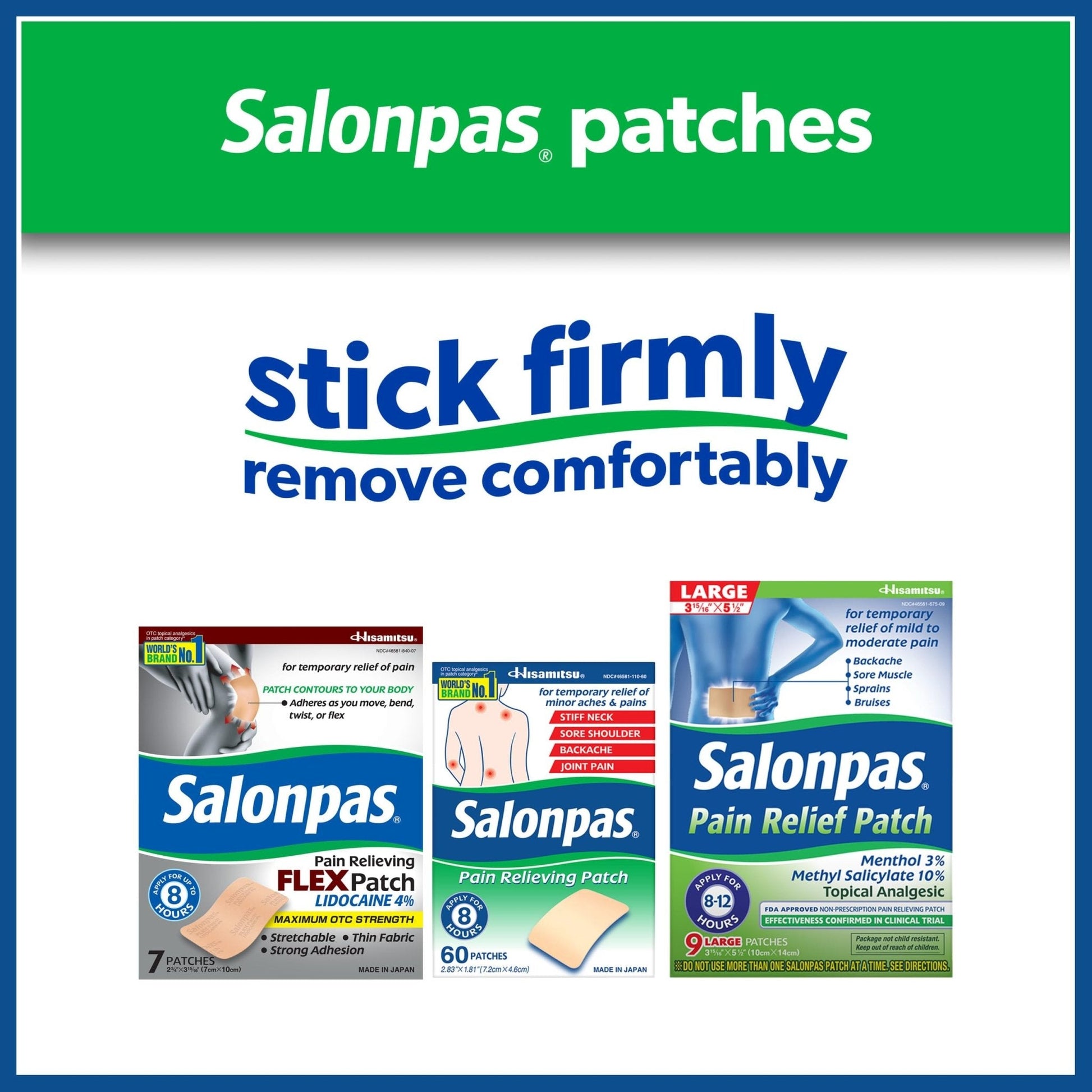 Salonpas Pain Relieving Patch for Back, Neck, Shoulder, Knee Pain and Muscle Soreness - 8 Hour Pain Relief - 60 Count - Maple Wellness Supplements