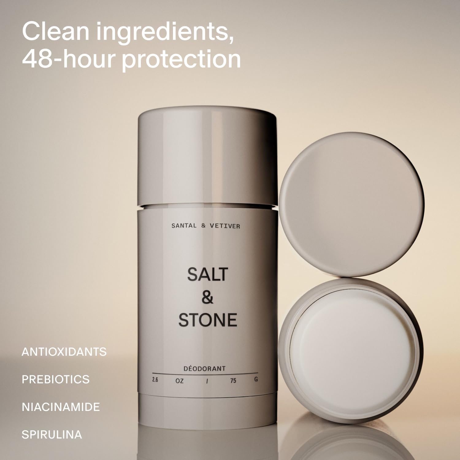 Salt & Stone Aluminum Free Deodorant | Extra Strength 48 Hour Protection for Women & Men | Made with Seaweed Extracts, Niacinamide & Prebiotics | Santal & Vetiver - Maple Wellness Supplements