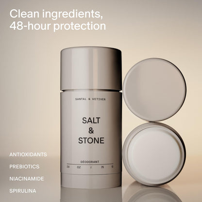 Salt & Stone Aluminum Free Deodorant | Extra Strength 48 Hour Protection for Women & Men | Made with Seaweed Extracts, Niacinamide & Prebiotics | Santal & Vetiver - Maple Wellness Supplements