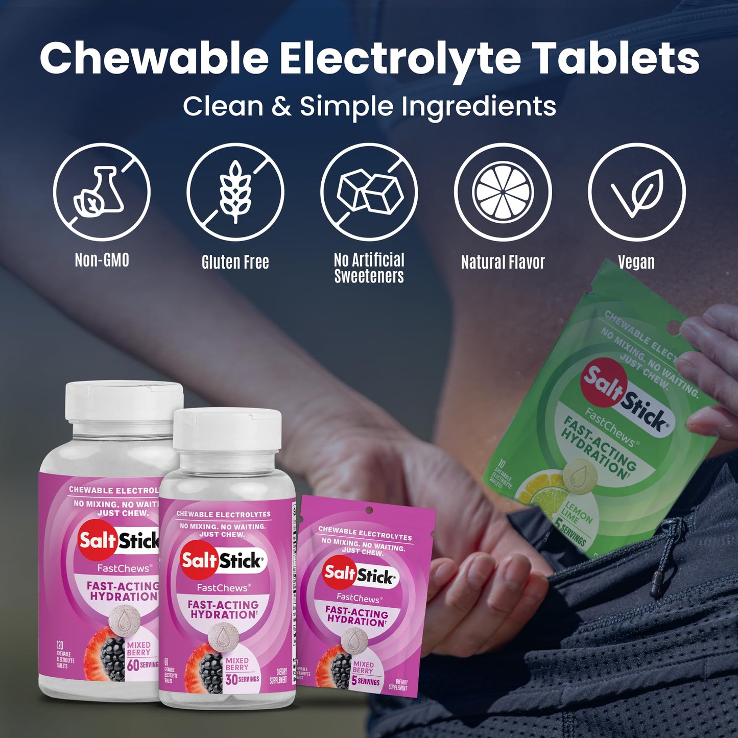 SaltStick Electrolyte FastChews - 60 Mixed Berry Chewable Tablets - Salt Tablets for Running and Hydration, Electrolyte Chews - 60 Count Bottle - Maple Wellness Supplements