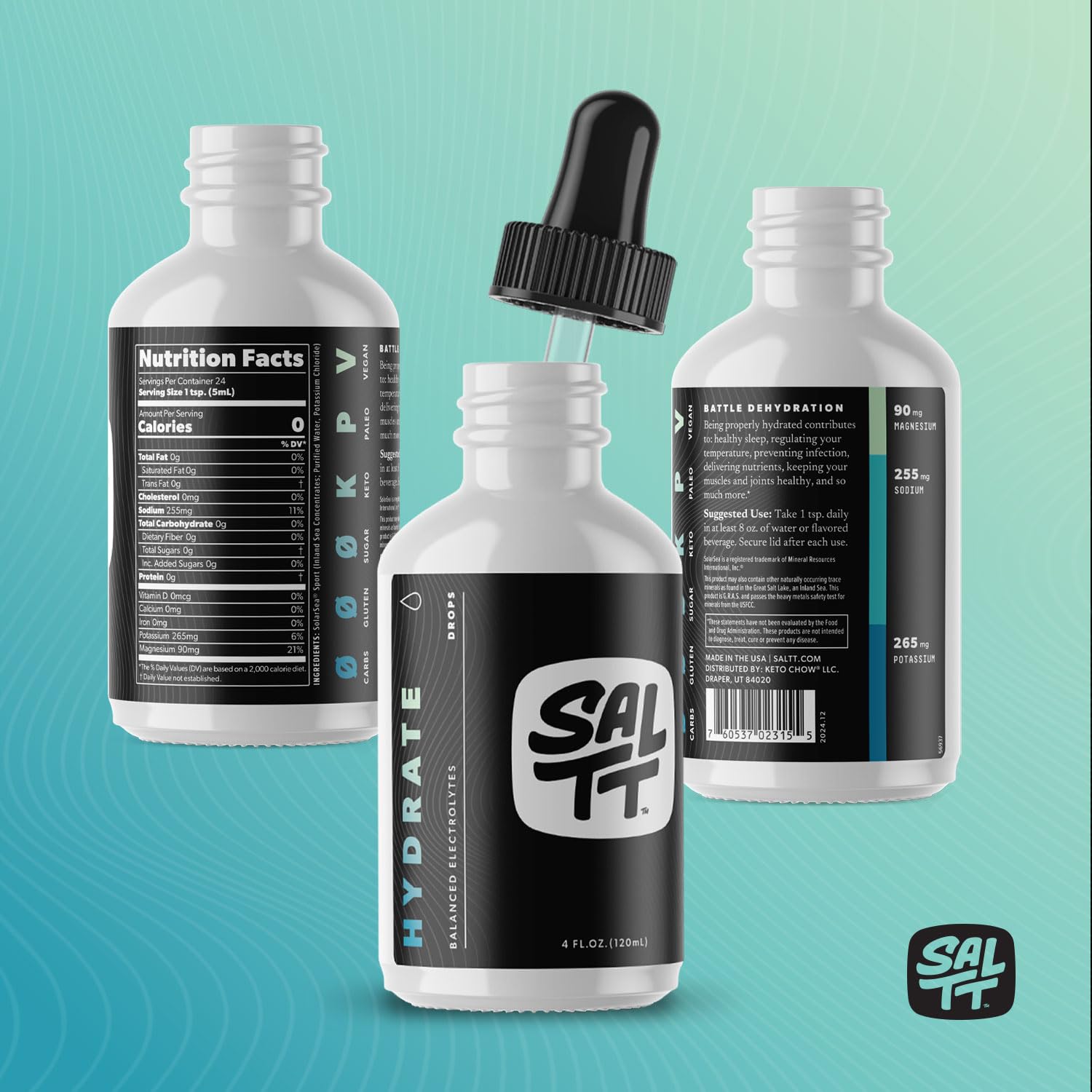 SALTT - Hydrate (4 oz) - Electrolytes Drops - Energy Boost - Sodium, Potassium, Magnesium, Zinc, Copper - Unflavored - Ultra Low Carb - Zero Sugar, Vegan, - Maple Wellness Supplements