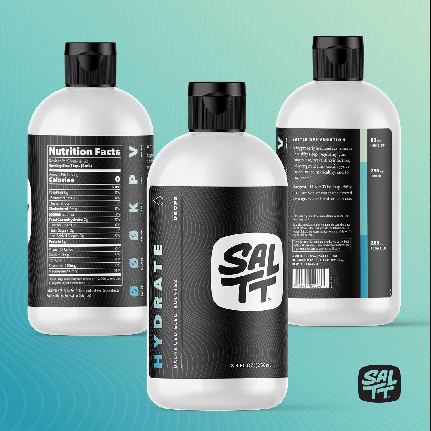 SALTT - Hydrate (8.3 oz) - Electrolytes Drops - Energy Boost - Sodium, Potassium, Magnesium, Zinc, Copper - Unflavored - Ultra Low Carb - Zero Sugar, Vegan, Gluten Free, Non GMO - By Keto Chow - Maple Wellness Supplements