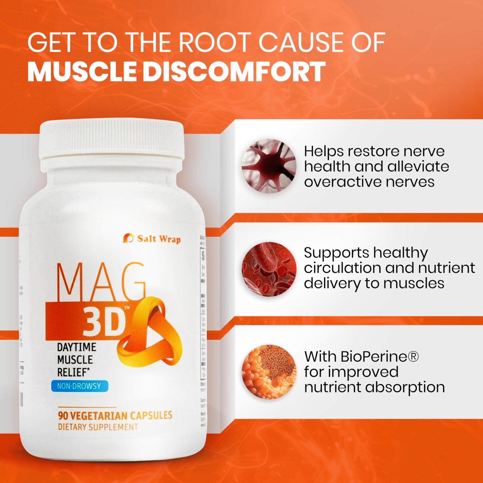 SaltWrap Mag 3D – Daytime (Non-Drowsy) Leg Cramp & Muscle Relief Support - Natural Supplement for Muscle and Nerve Health with Turmeric, Alpha Lipoic Acid & Magnesium - Maple Wellness Supplements