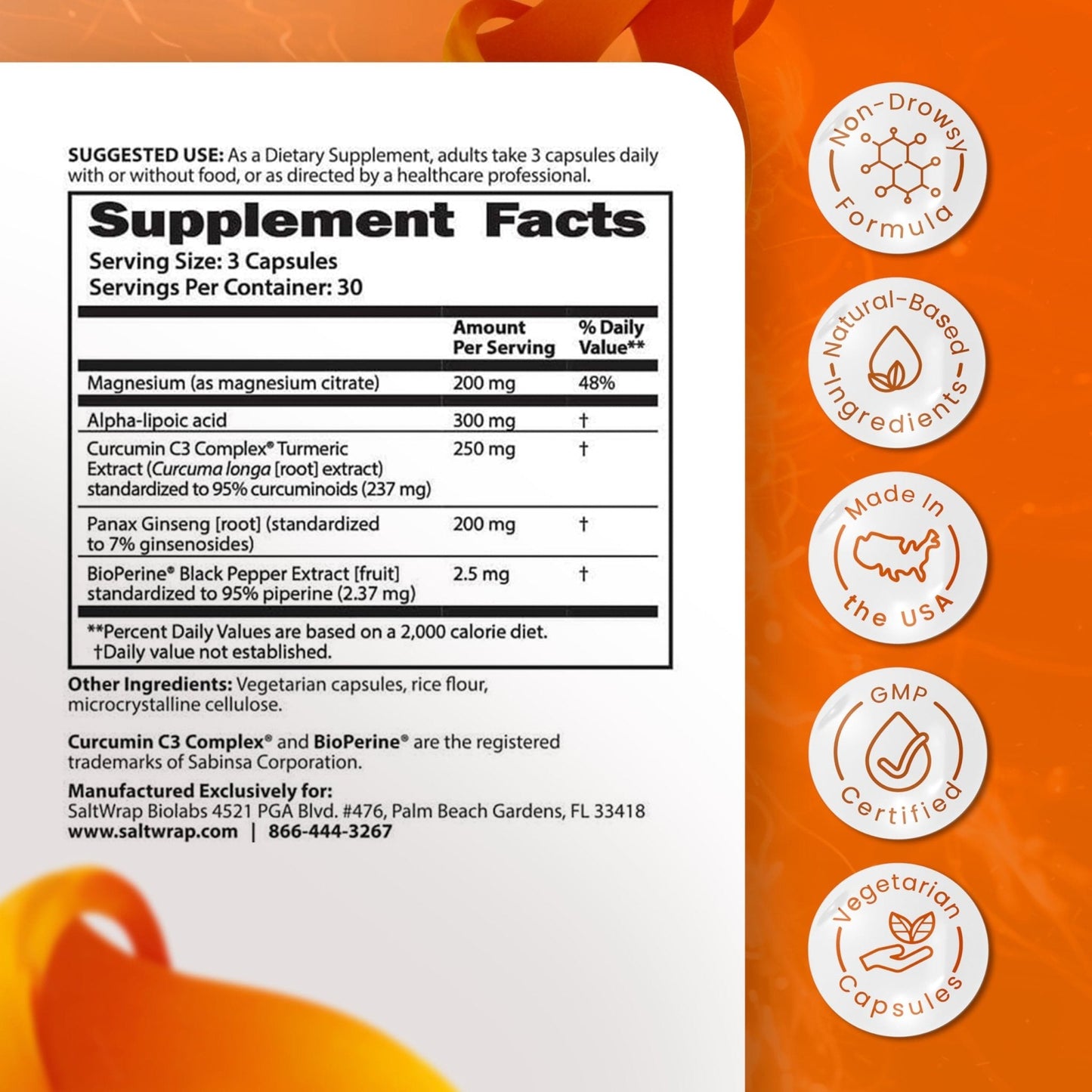SaltWrap Mag 3D – Daytime (Non-Drowsy) Leg Cramp & Muscle Relief Support - Natural Supplement for Muscle and Nerve Health with Turmeric, Alpha Lipoic Acid & Magnesium - Maple Wellness Supplements