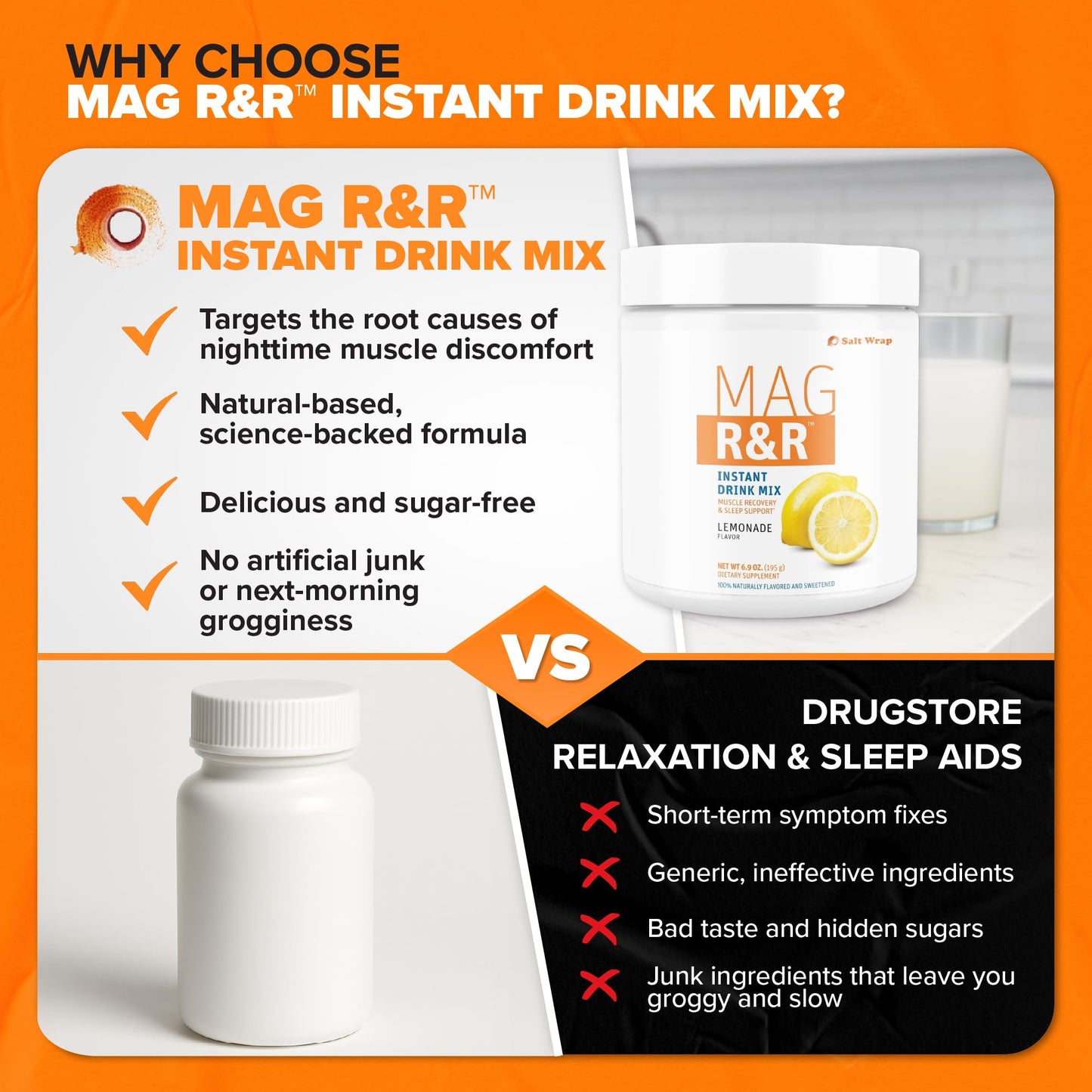 SaltWrap Mag R&R Instant Drink Mix - Sugar-Free Nighttime Magnesium Glycinate Powder with Stevia & FiberSMART® - Muscle Cramp & Leg Cramps Relief, Sleep & Relaxation Support - 30 Servings - Maple Wellness Supplements