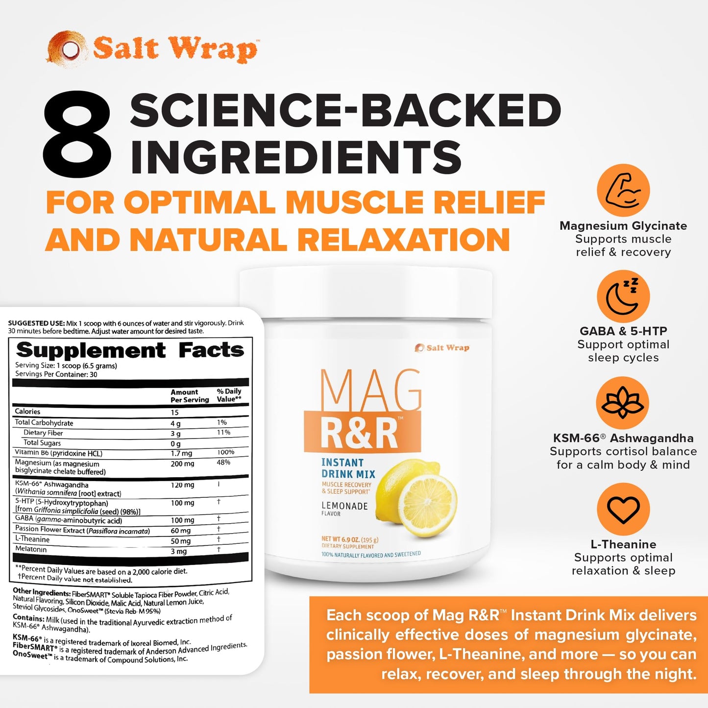 SaltWrap Mag R&R Instant Drink Mix - Sugar-Free Nighttime Magnesium Glycinate Powder with Stevia & FiberSMART® - Muscle Cramp & Leg Cramps Relief, Sleep & Relaxation Support - 30 Servings - Maple Wellness Supplements