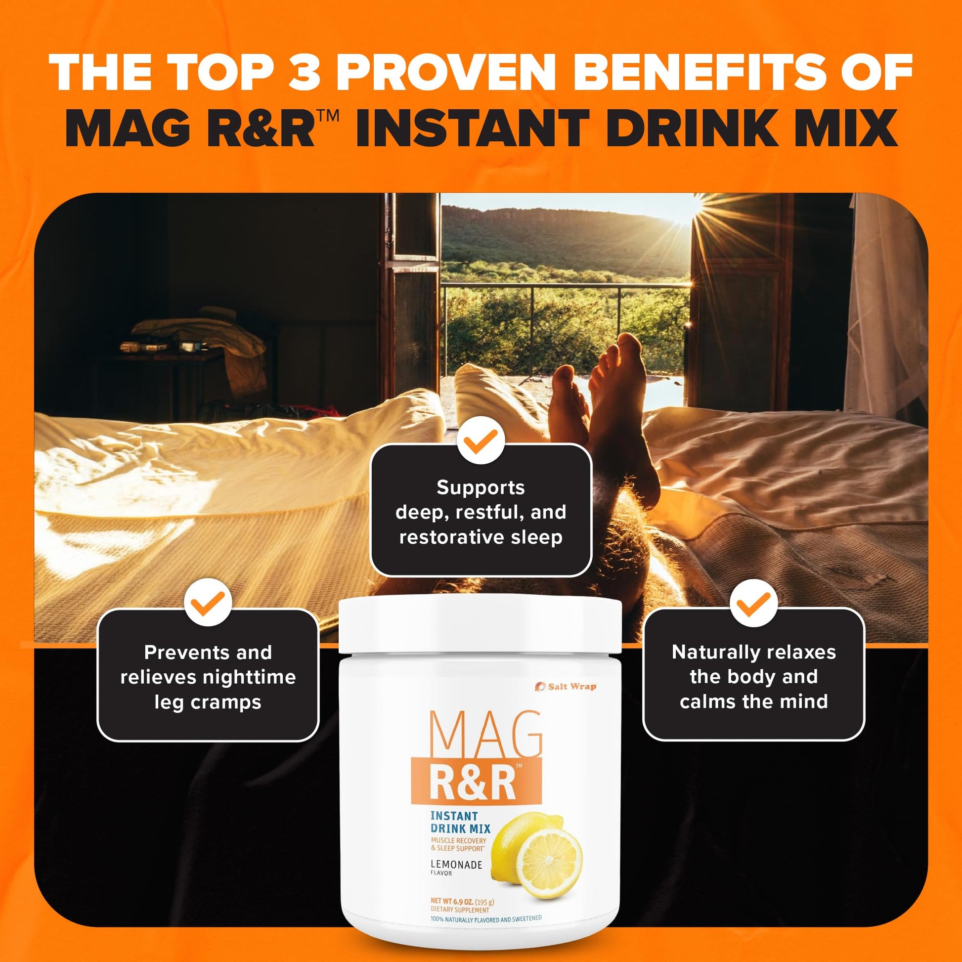 SaltWrap Mag R&R Instant Drink Mix - Sugar-Free Nighttime Magnesium Glycinate Powder with Stevia & FiberSMART® - Muscle Cramp & Leg Cramps Relief, Sleep & Relaxation Support - 30 Servings - Maple Wellness Supplements
