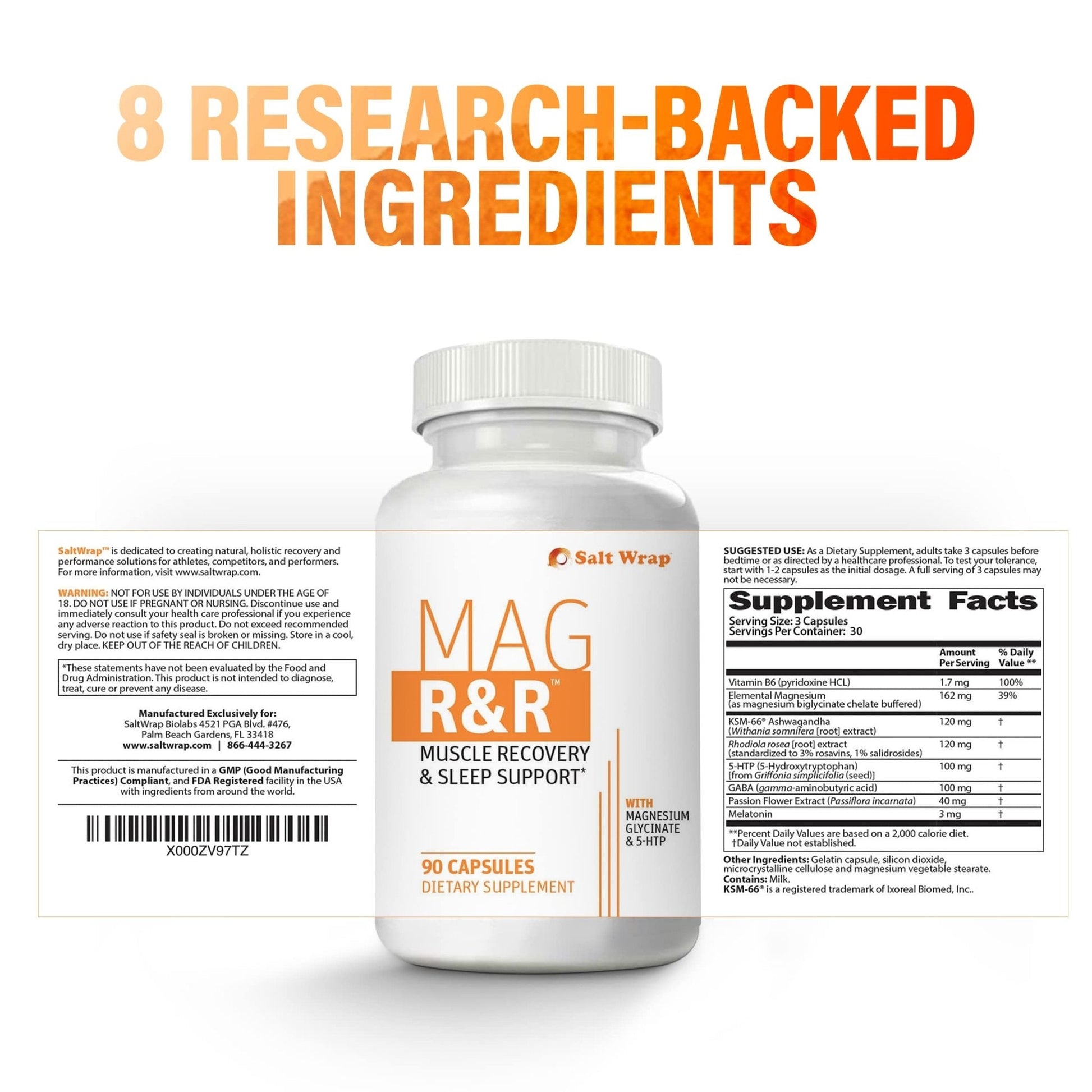 SaltWrap Mag R&R - Nighttime Muscle Cramps Support, Natural Sleep Support for Adults with Magnesium Glycinate for Muscle Spasm and Leg Cramps Relief, 90 Capsules - Maple Wellness Supplements