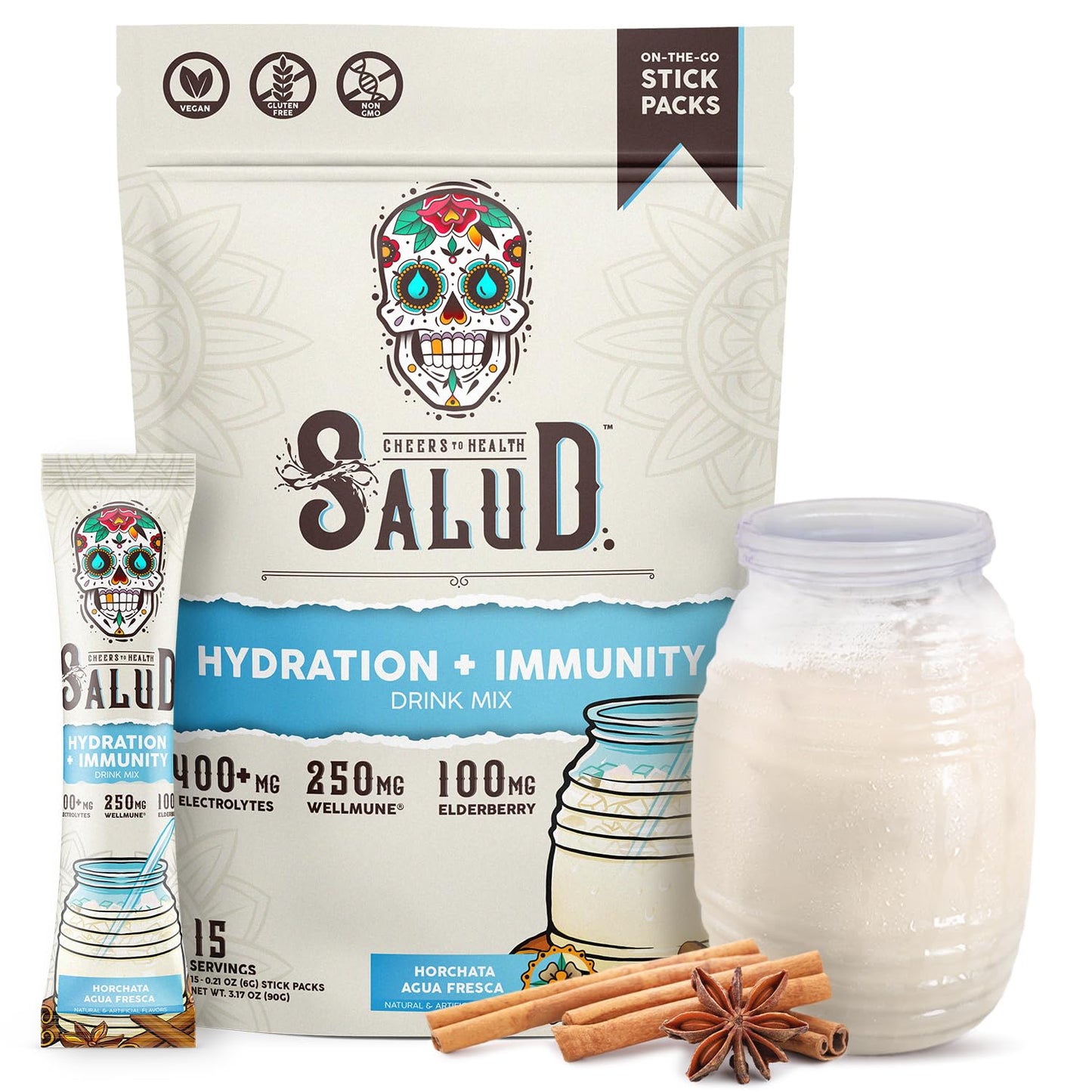 Salud 2-in-1 Hydration Packets + Immunity Electrolytes Powder, Horchata - Agua Fresca Drink Mix, Elderberry, Dairy & Soy Free, Non-GMO, Gluten Free, Vegan - Maple Wellness Supplements