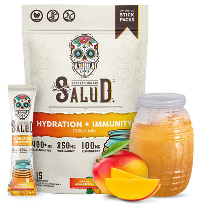 Salud 2-in-1 Hydration Packets + Immunity Electrolytes Powder, Mango - Agua Fresca Drink Mix, Elderberry, Dairy & Soy Free, Non-GMO, Gluten Free, - Maple Wellness Supplements