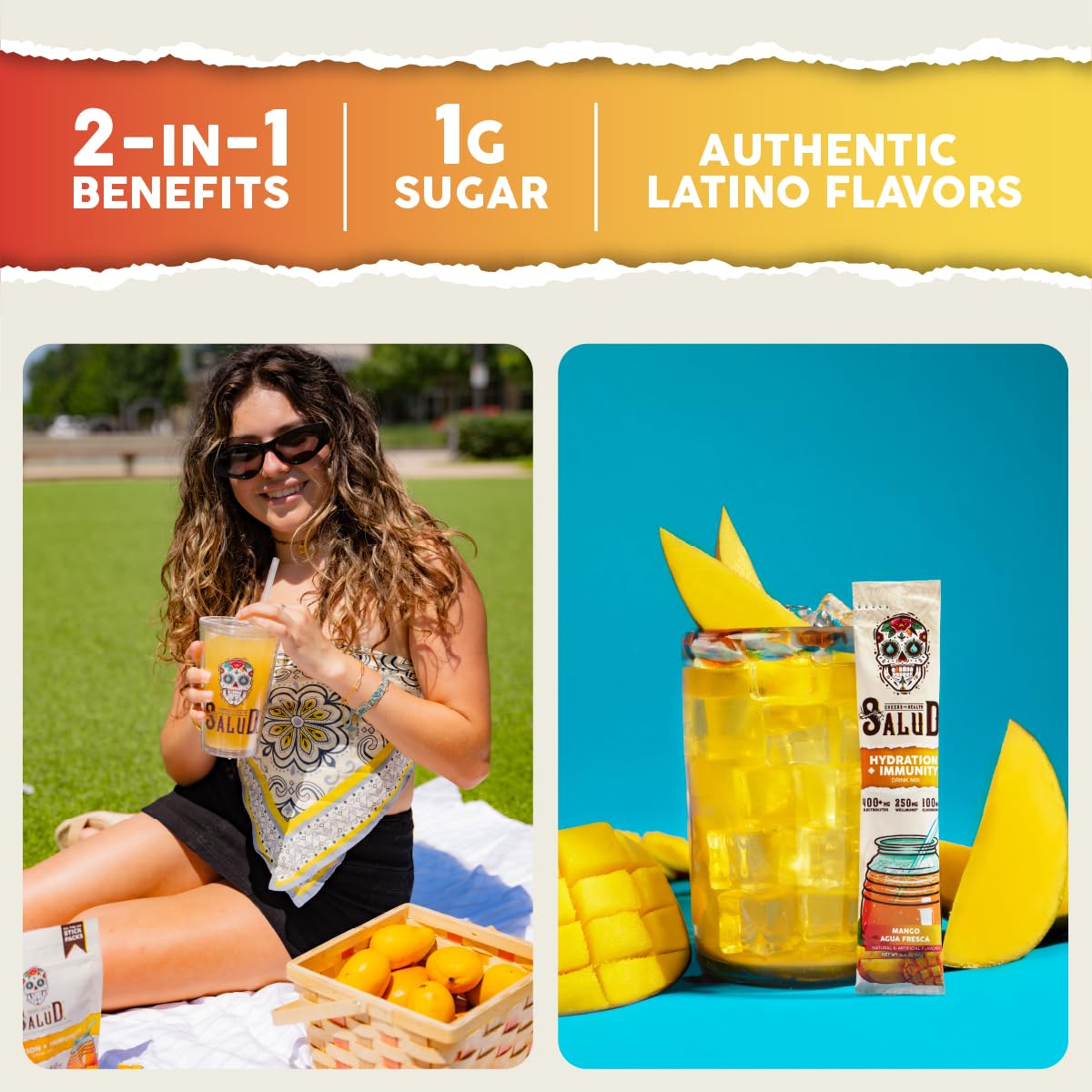 Salud 2-in-1 Hydration Packets + Immunity Electrolytes Powder, Mango - Agua Fresca Drink Mix, Elderberry, Dairy & Soy Free, Non-GMO, Gluten Free, - Maple Wellness Supplements