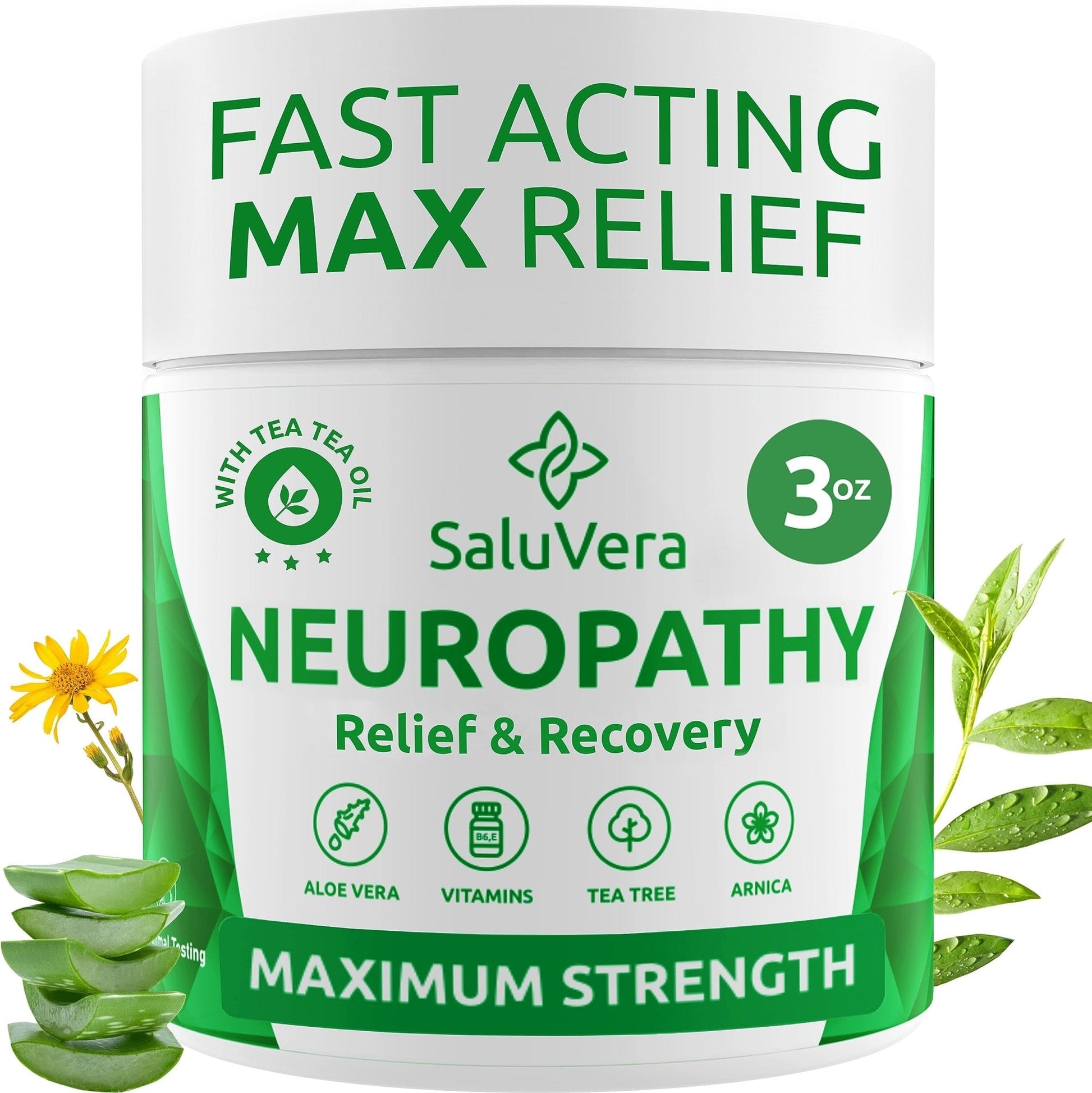 SaluVera Neuropathy Pain Relief Cream - Maximum Strength Nerve Pain Reliever for Foot, Toes, Hands, Legs with Aloe Vera, Arnica, MSM Vitamin B6, and Menthol for Fast-Acting Relief 3oz - Maple Wellness Supplements