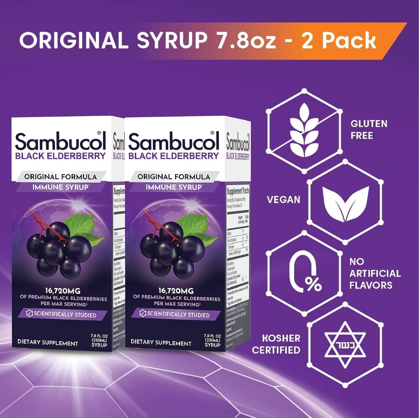 Sambucol Black Elderberry Syrup - Black Elderberry Liquid, Immune Support for Kids and Adults, High Antioxidants, Gluten Free - Maple Wellness Supplements
